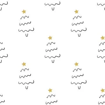 Seamless minimal christmas pattern on white background with line art pine tre Illustrazione stock