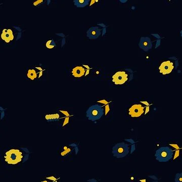 Seamless Minimalist Floral Pattern on Dark Navy Blue Background. Abstract Stock Illustration