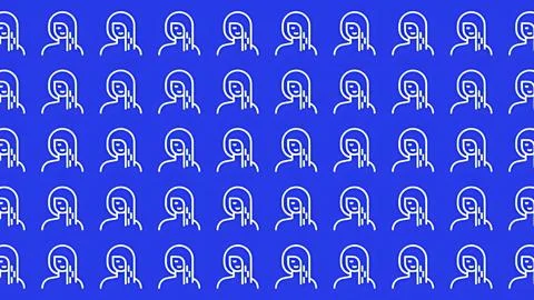 Seamless minimalist pattern featuring white smiling woman line art icons on.. Stock Illustration