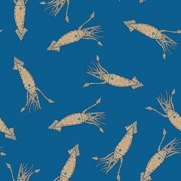 Seamless minimalistic pattern with beige squid ornament. Blue bright backgrou Stock Illustration