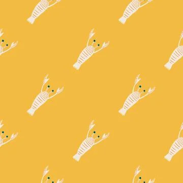 Seamless minimalistic pattern with white doodle lobster shapes. Yellow backgr イラスト素材