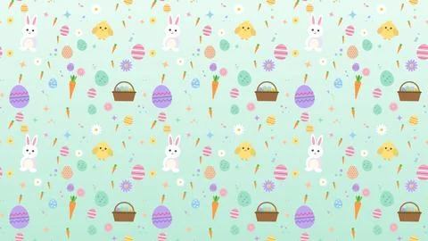 Seamless mint pattern of Easter bunnies, chicks, carrots, baskets and eggs .. Stock Illustration