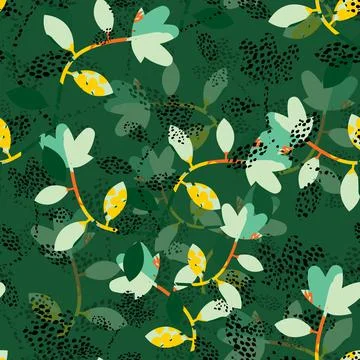 Seamless mixed abstract leafs and flower  pattern on green background , greet Stock Illustration