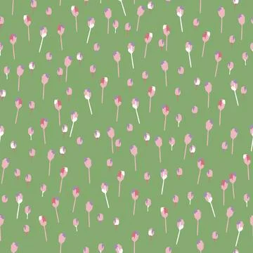 Seamless mixed abstract tiny tulips pattern on green background Stock Illustration