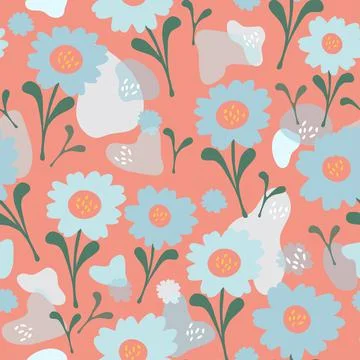Seamless mixed blue flower background , greeting card with catroon vector Stock Illustration
