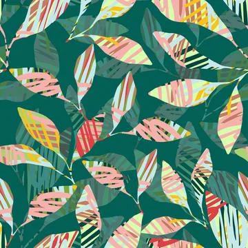 Seamless mixed colourful leafs pattern on green background , greeting card or Stock Illustration