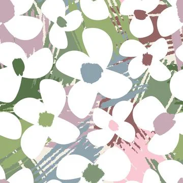 Seamless  mixed cute hand drawn white flowers pattern background , greeting c Stock Illustration