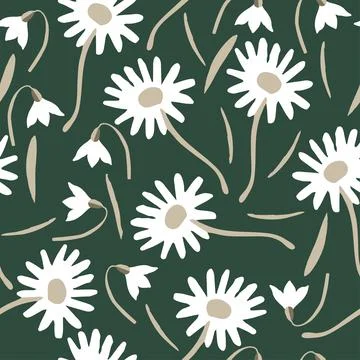 Seamless mixed hand drawn white flowers pattern on green background , greetin Stock Illustration