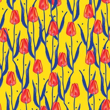 Seamless mixed tulip flowers pattern on yellow background , greeting card or  Stock Illustration