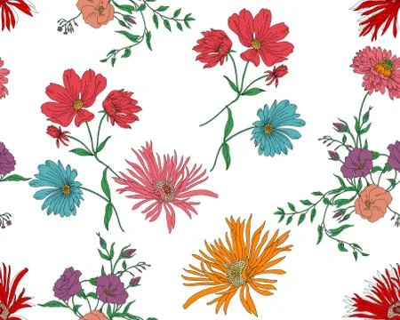 Seamless modern colored floral pattern. Ready for textile prints. Hand painted i Stock Illustration