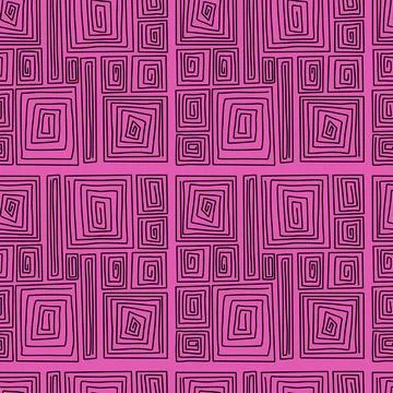 Seamless modern geometric pattern. Linear spiral shapes rectangles on magen.. 스톡 일러스트