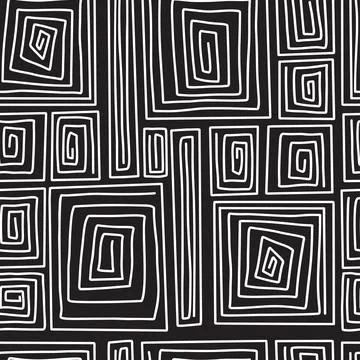 Seamless modern geometric pattern. White linear spirals rectangles on black.. イラスト素材