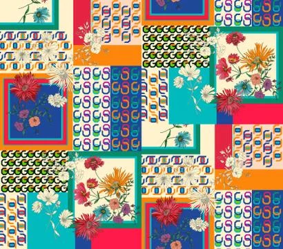 Seamless modern patchwork pattern with flowers and lines. Ethnic indian style. R Stock Illustration