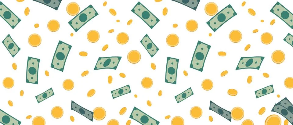 Seamless Money Pattern with Flying Dollar Bills and Gold Coins. Stock Illustration