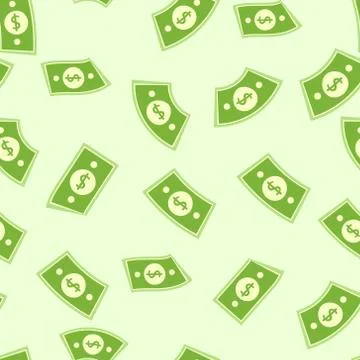 Seamless money rain pattern, Falling dollar banknotes on green background, Pa Illustrazione stock