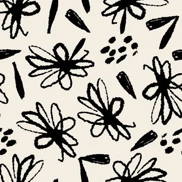 Seamless monochrome pattern background with hand drawn flowers , greeting car Stock Illustration