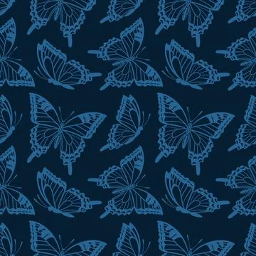 A seamless monochrome pattern featuring elegant flying swallowtail butterfl.. Stock Illustration