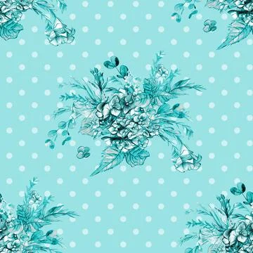 Seamless monochrome pattern with hydrangea flowers in vintage style in turquoise Stock Illustration