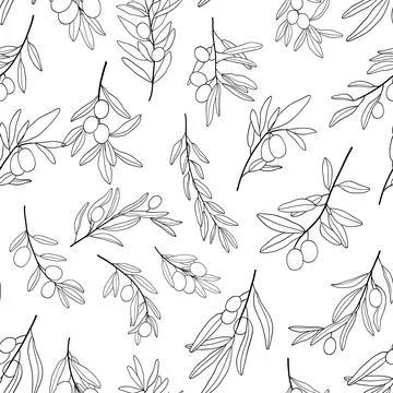 Seamless monochrome pattern with Olive branches. Line illustration with olive Stock Illustration