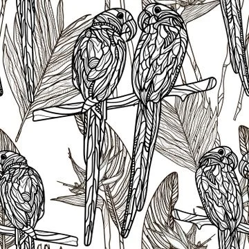 Seamless monochrome pattern with parrots and tropical leaves. Stock Illustration