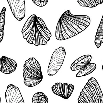 Seamless monochrome pattern with sea shells. イラスト素材