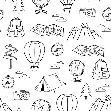 Seamless monochrome pattern on theme of hiking and summer travel, camping Illustrazione stock