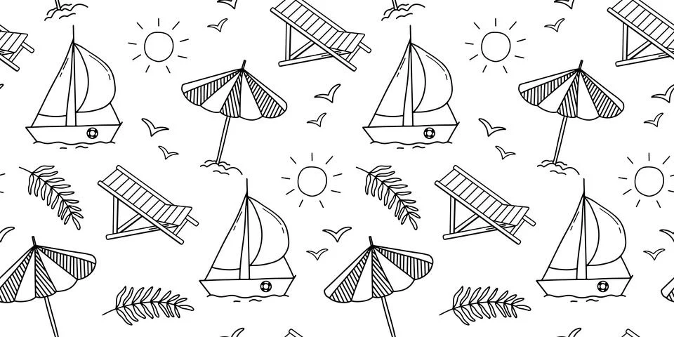 Seamless monochrome pattern on theme of summer beach holidays. Background with Stock Illustration