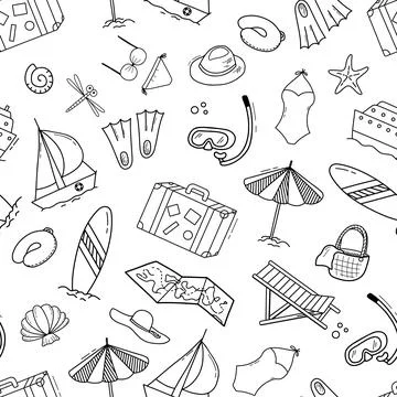 Seamless monochrome pattern on theme of summer beach vacation. Repeat background Stock Illustration