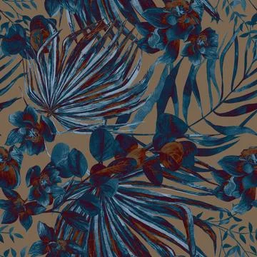 Seamless monochrome pattern with tropical silhouettes of tropical plants in Stock Illustration