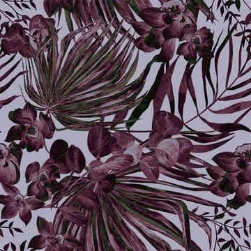 Seamless monochrome pattern with tropical silhouettes of tropical plants in Stock Illustration