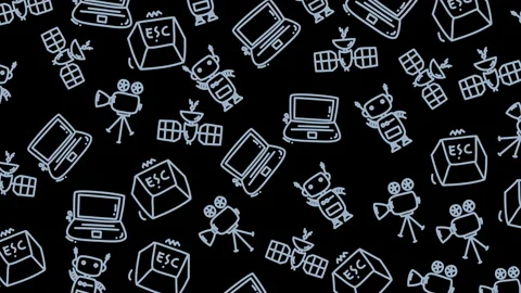 Seamless Monochrome Technology Doodle Pattern with Laptop Camera Robot Icons Stock Footage 327968508