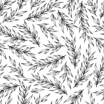 Seamless monochrome vector pattern with hand drawn tree branches and leaves i Stock Illustration