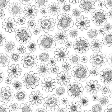 Seamless monochrome vector pattern with hand drawn flowers isolated on white  Stock Illustration