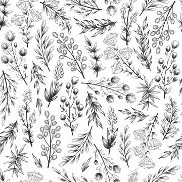 Seamless monochrome vector pattern with hand drawn flowers, tree branches and Stock Illustration