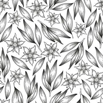 Seamless monochrome vector pattern with hand drawn flowers, branches and le.. Stock Illustration