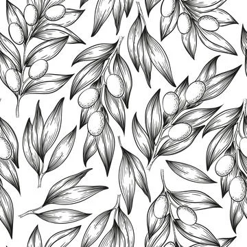 Seamless monochrome vector pattern with hand drawn jojoba branches and leav.. Stock Illustration