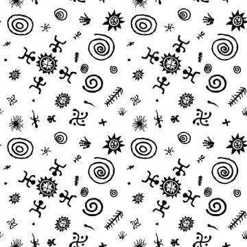 Seamless monochrome vector pattern - petroglyphs Stock Illustration