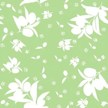 Seamless monochrome white pattern with olives on a  branch. Stock Illustration