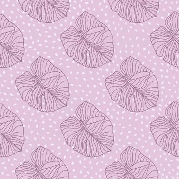 Seamless monstera leaves outline pattern in tender style. Lilac contoured fol Stock Illustration