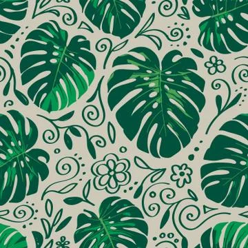 Seamless monstera palm leaves pattern with doodle line elements around for yo Stock Illustration