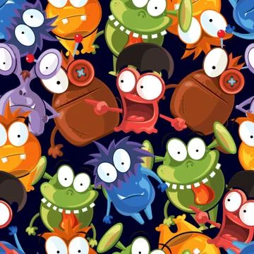 Seamless monsters vector pattern on black background 스톡 일러스트