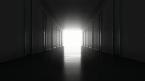 Seamless Motion Through the Dark Corridor with Many Closed Doors to the Bright 動画素材 104667129