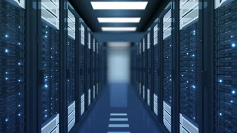 Seamless Motion Through the Server Racks Blue Color in Data Center DOF Blur Video stock 95551197