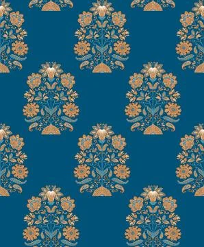Seamless mughal flower pattern with blue background Stock Illustration