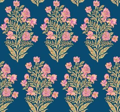 Seamless mughal flower pattern on blue color Stock Illustration