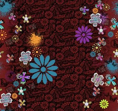 Seamless multicolor floral pattern. Geometrical background.Brown flowers. Stock Illustration