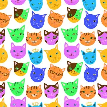 Seamless multicolor pattern with funny cats muzzles set Illustrazione stock