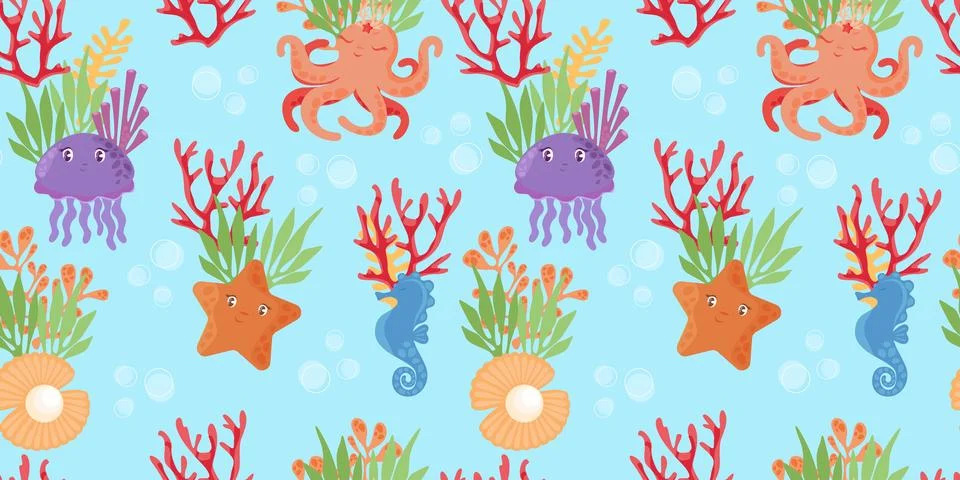 Seamless multicolored delicate pattern with sea cartoon animals Illustrazione stock