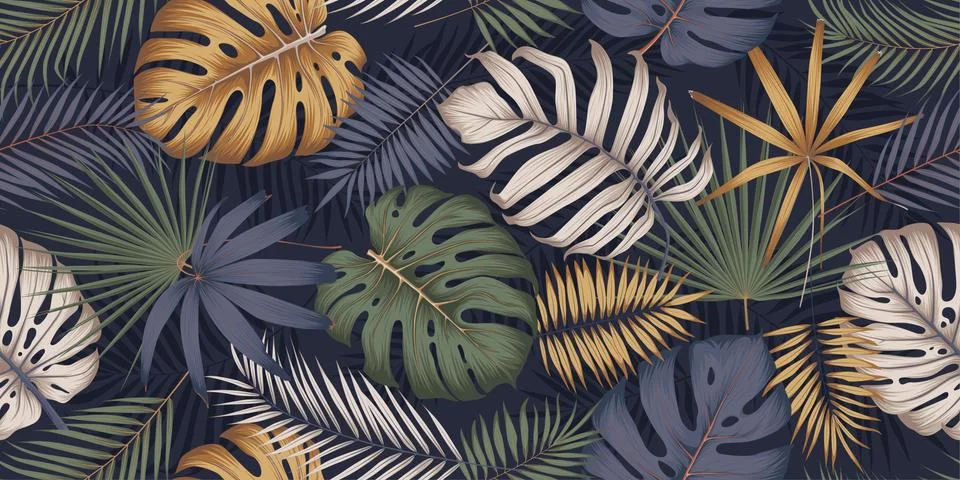 Seamless multicolored pattern with exotic tropical plants, monstera leaves an 스톡 일러스트