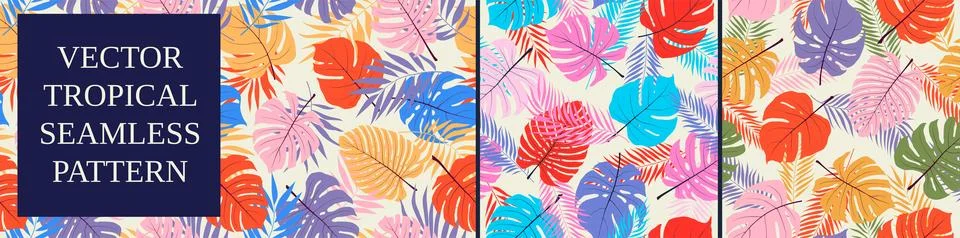 Seamless multicolored pattern with exotic tropical plants, monstera leaves .. Illustrazione stock